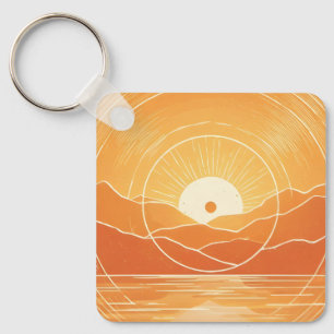 Minimalist Zen Mountain Ocean Retro Sunset Keychain