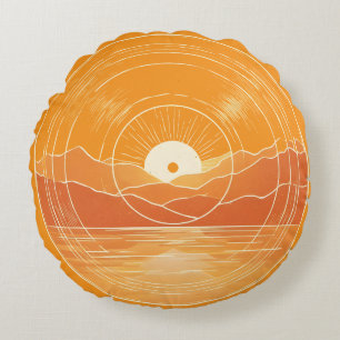 Minimalist Zen Mountain Ocean Retro Sunset Round Pillow