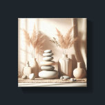 Minimalist Zen Still Life Art - Balanced Stones an Canvas Print<br><div class="desc">A peaceful and balanced digital composition featuring a stack of smooth Zen stones alongside elegant ceramic vases filled with feathery pampas grass. The artwork uses a soft,  monochromatic palette of beige,  cream,  and grey,  creating a serene atmosphere of calm and mindfulness. Perfect for modern minimalist homes</div>