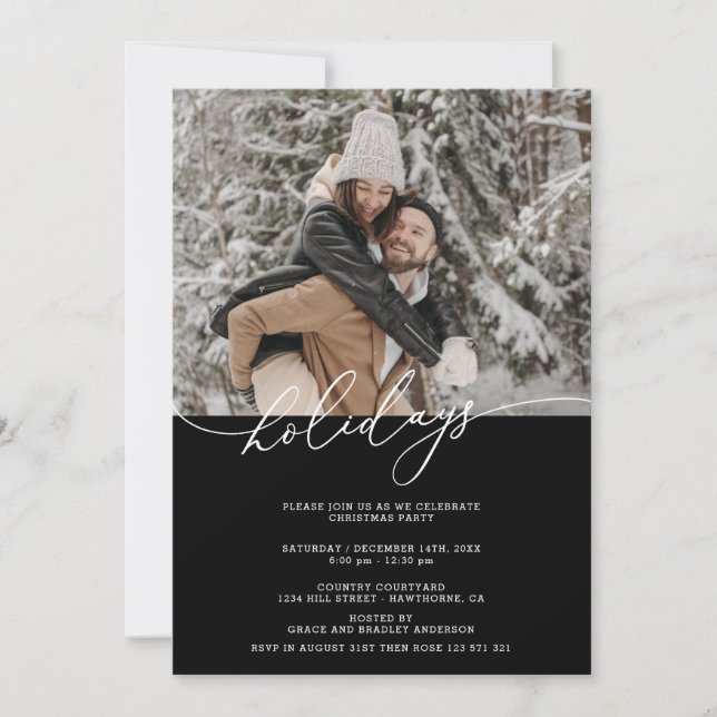 Minimalistic Сalligraphy Christmas Party Photo  Invitation (Front)