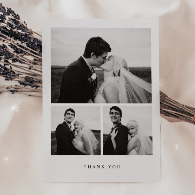 Minimalistic 3-Photo Wedding Black & White Thank You Card (Creator Uploaded)