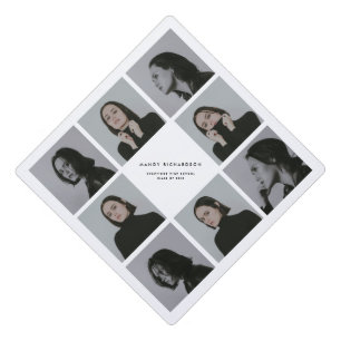 Minimalistic 8-Photo Collage Black & White Modern Graduation Cap Topper