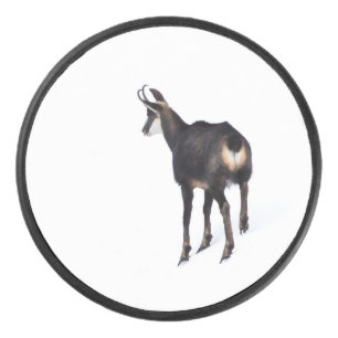 Minimalistic Alpine Chamois mountain goat on snow Hockey Puck