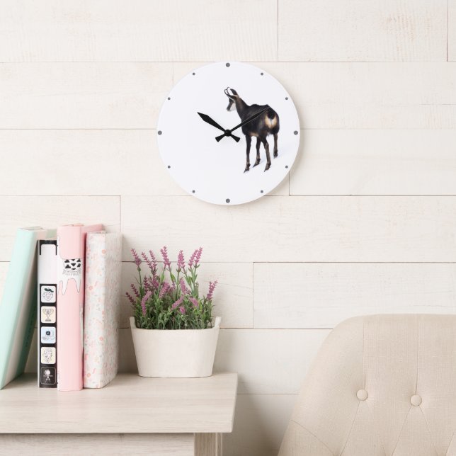 Minimalistic Alpine Chamois mountain goat on snow Large Clock (Reading Room)