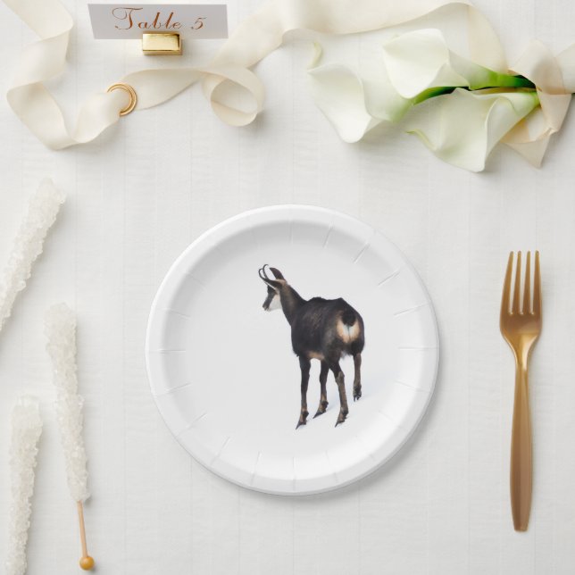 Minimalistic Alpine Chamois mountain goat on snow Paper Plate (Wedding)
