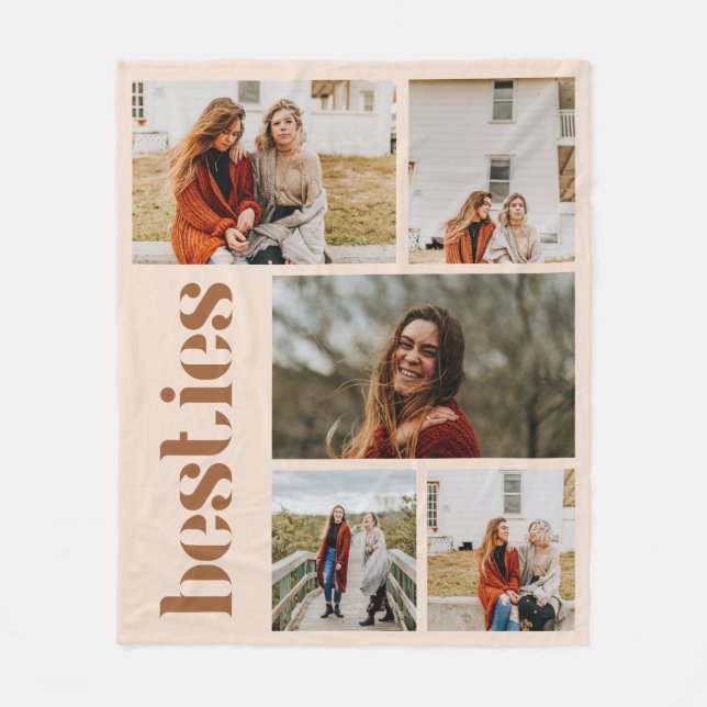 Minimalistic Beige Custom 5 Photo Besties Fleece Blanket (Front)