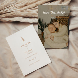 Minimalistic Beige Floral Leaf Wedding Photo Save The Date