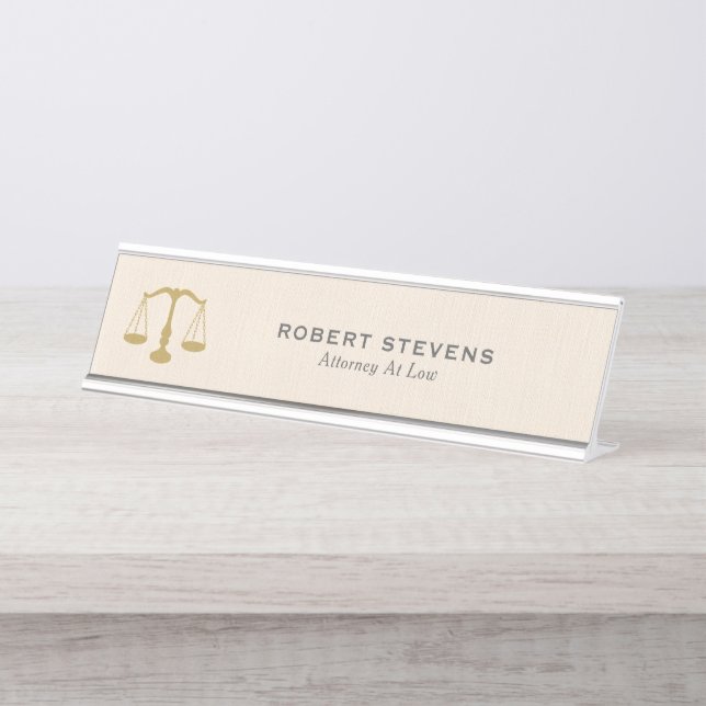 Minimalistic Beige linen & Gold Justice Scale Desk Name Plate (Front)