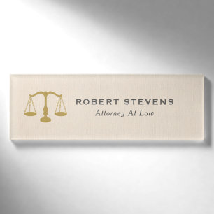 Minimalistic Beige linen & Gold Justice Scale Name Tag