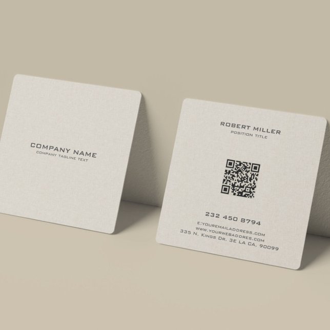 Minimalistic Beige Linen Texture Square Business Card (Creator Uploaded)