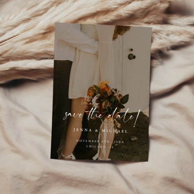 Minimalistic Beige Script QR Code Photo Wedding Save The Date (Creator Uploaded)