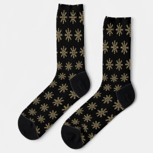 Minimalistic Black and Gold Snowflakes Christmas Socks