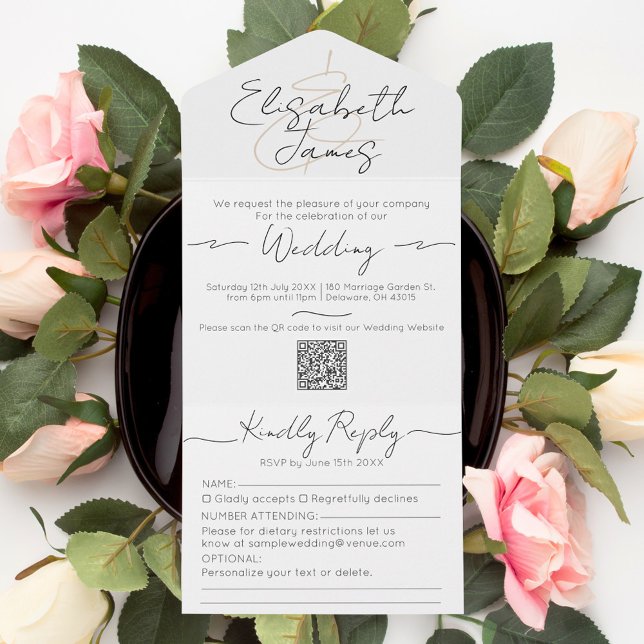 Minimalistic Black and White Modern Script Wedding All In One Invitation (Creator Uploaded)