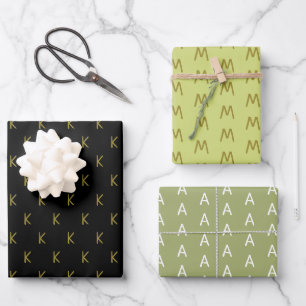 Minimalistic Black Green and Gold Monogram Wrapping Paper Sheet