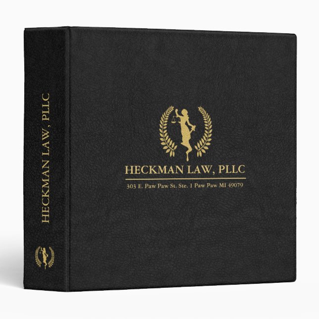 Minimalistic Black Leather Print Gold Lady Justice Binder (Front/Spine)
