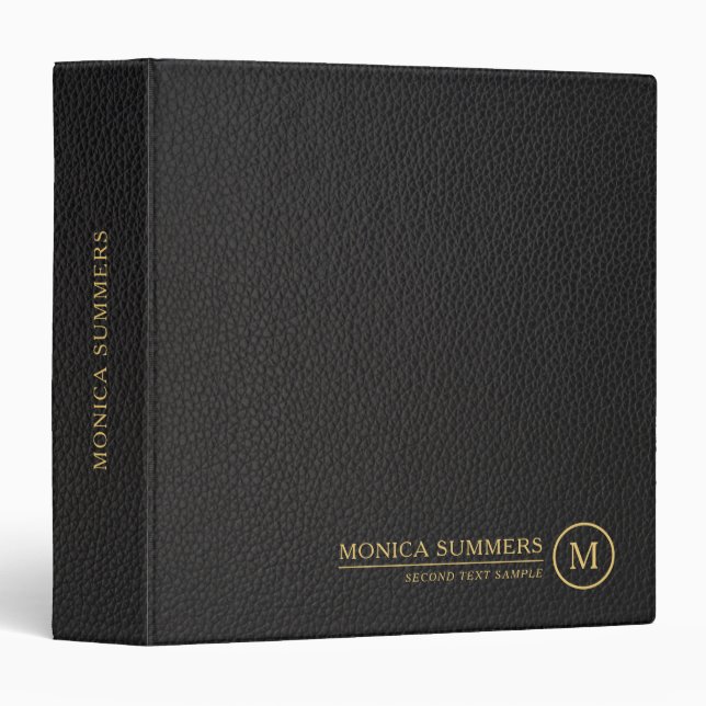 Minimalistic Black Leather Text Custom Monogram Binder (Front/Spine)