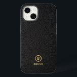 Minimalistic Black Leather Text Custom Monogram Case-Mate iPhone 14 Case<br><div class="desc">Black vintage leather texture image background,  minimalistic design with gold tones typography.
Custom monogram.</div>