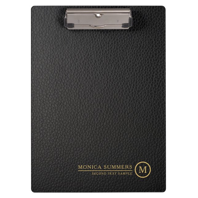 Minimalistic Black Leather Text Custom Monogram Clipboard (Front)