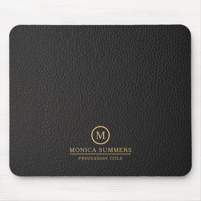 Minimalistic Black Leather Text Custom Monogram Mouse Pad (Front)