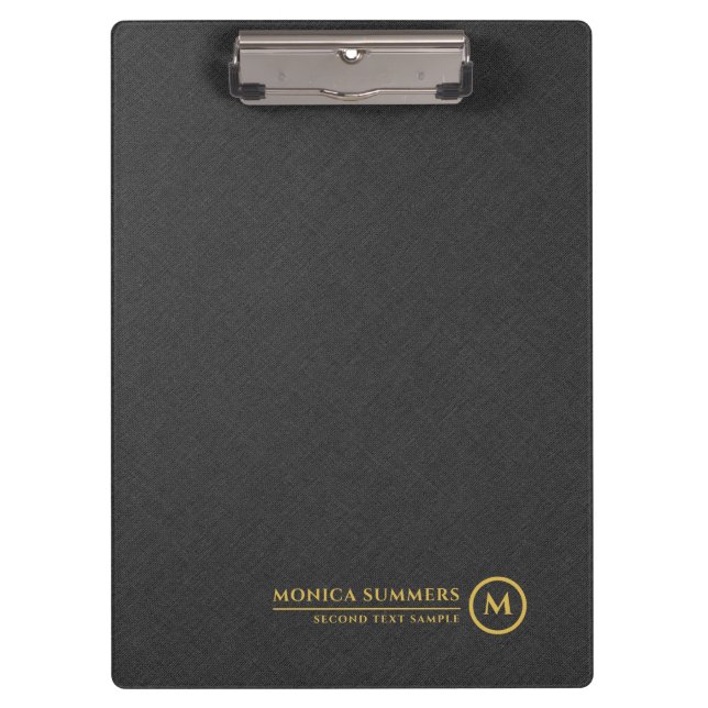 Minimalistic Black Linen Personalized Gold Text Clipboard (Front)