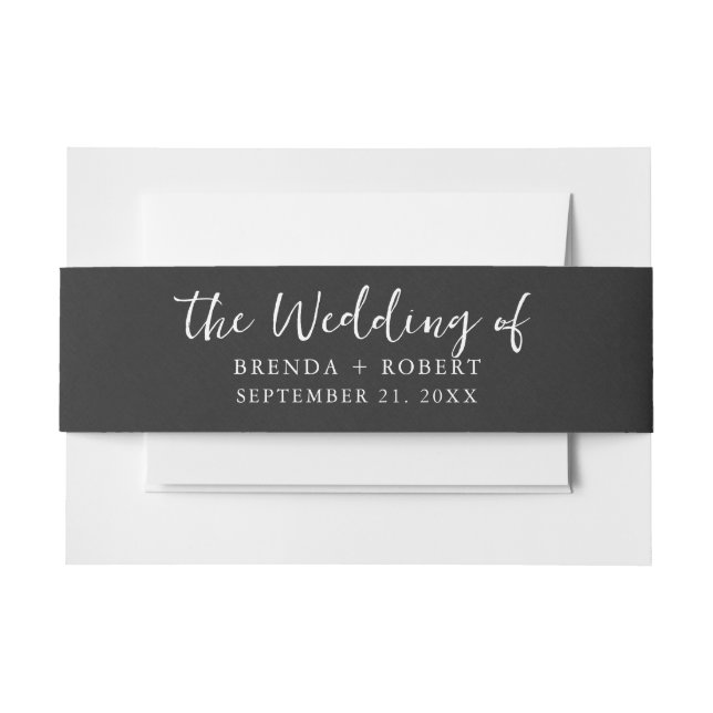Minimalistic Black Linen Texture White Script  Invitation Belly Band (Front Example)