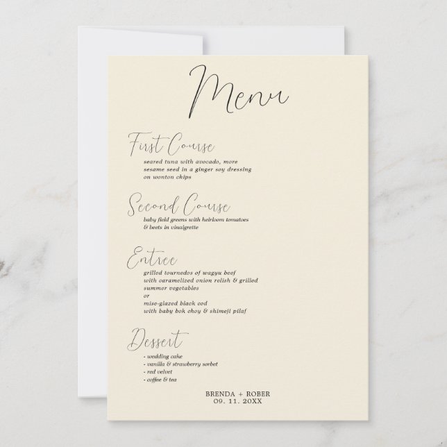Minimalistic Black Script On Beige Wedding Menu Invitation (Front)