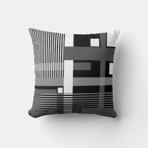 Minimalistic black white grey geometric patchwork  throw pillow
