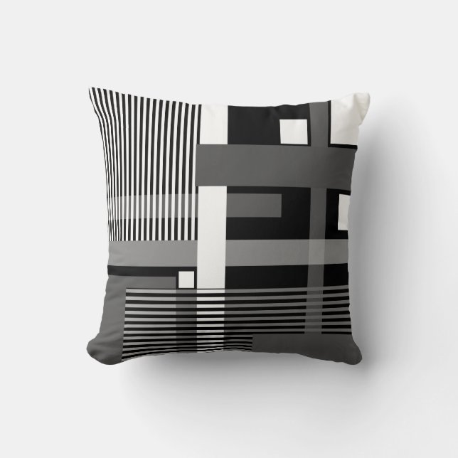 Minimalistic black white grey geometric patchwork  throw pillow (Front)