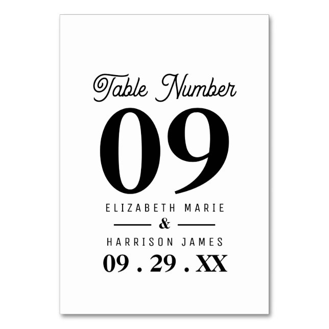 Minimalistic - Black & White - Wedding Table Number (Front)