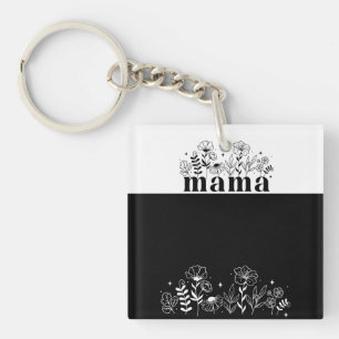 Minimalistic Black & White Wildflower Mama Keychain