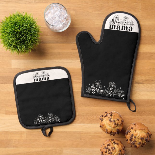 Minimalistic Black & White Wildflower Mama Oven Mitt & Pot Holder Set (Top Down)