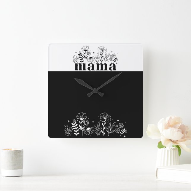 Minimalistic Black & White Wildflower Mama  Square Wall Clock (Home)