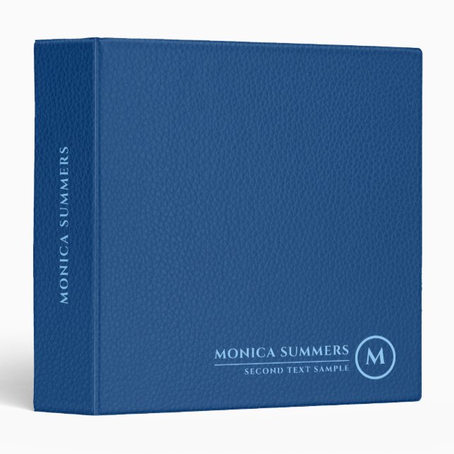 Minimalistic Blue Leather Text Custom Monogram 3 Binder (Front/Spine)
