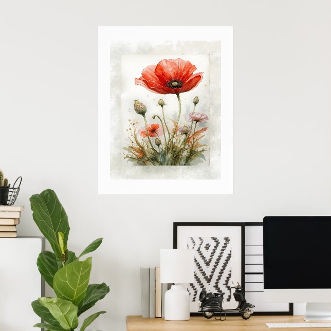 Minimalistic Botanical Poppy Flower  Poster (Home Office)