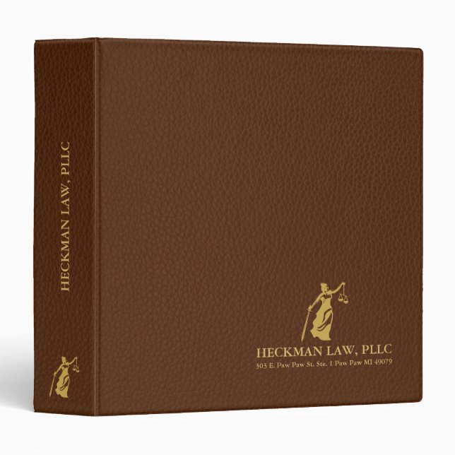 Minimalistic Brown Leather Gold Lady Justice Logo Binder (Front/Spine)