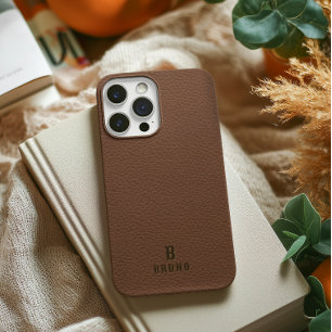 Minimalistic Brown Leather Text Custom Monogram Case-Mate iPhone 14 Case