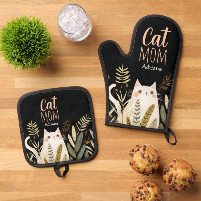 Minimalistic Cartoon of Cute Cat Name Black Oven Mitt & Pot Holder Set (Top Down)