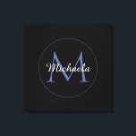 Minimalistic circle modern monogram initial name canvas print<br><div class="desc">Minimalistic blue circle modern monogram with blue initial and white name on black. Personalizable custom name with a serif initial behind on a black colour.</div>