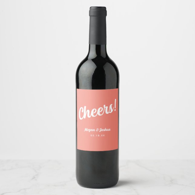 Minimalistic Coral Pink Script Wedding Wine Label (Front)