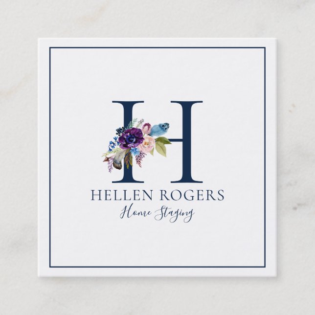 Minimalistic custom floral monogram square business card (Front)