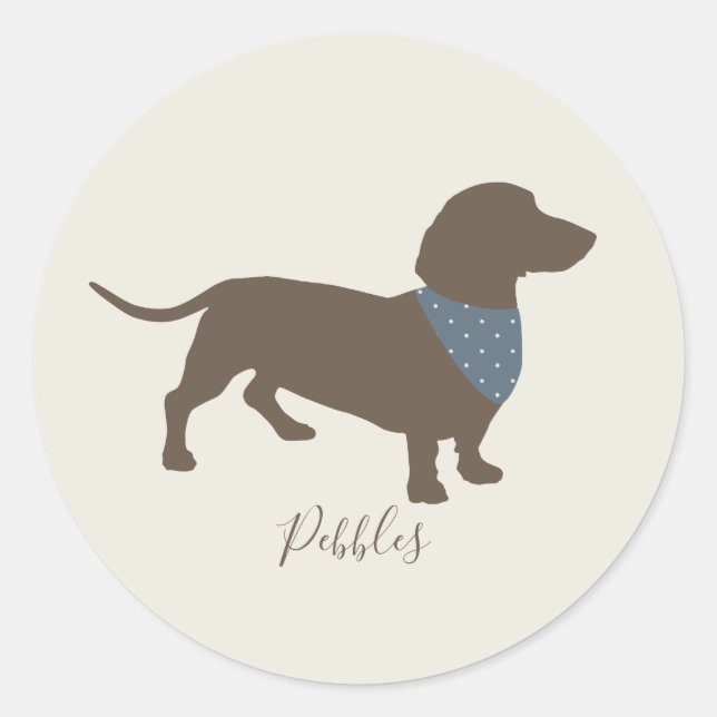 Minimalistic Dachshund Silhouette with dog's name Classic Round Sticker (Front)