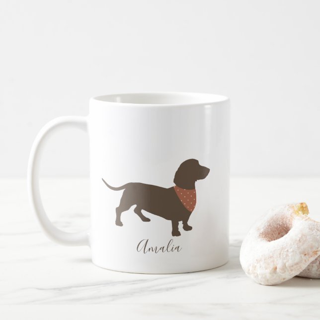 Minimalistic Dachshund Silhouette with dog's name Coffee Mug (With Donut)