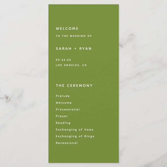 Minimalistic Dark Olive Green Wedding Ceremony Program (Front)