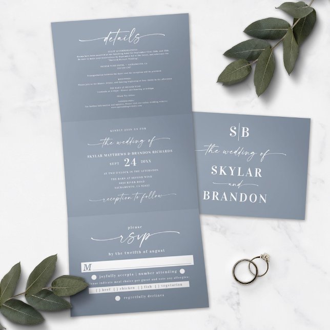 Minimalistic Dusty Blue All In One Wedding Photo Tri-Fold Invitation (Creator Uploaded)