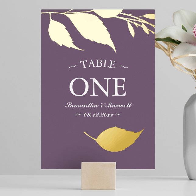 Minimalistic Elegant Purple Table Number Foil Card (purple wedding decor table number with gold foil.)