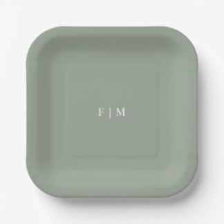 Minimalistic elegant sage green wedding monograms  paper plate