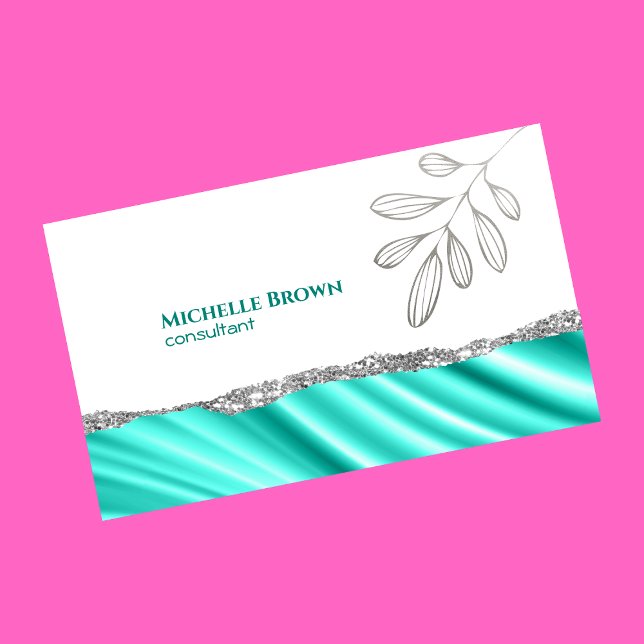 Minimalistic elegant silver teal leaves consultant business card (Creator Uploaded)