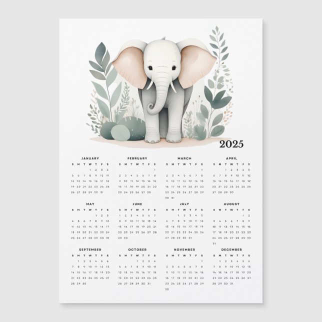 Minimalistic Elephant Boho 2025 Magnetic Calendar (Front)