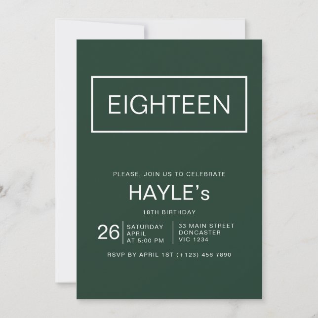 Minimalistic Emerald Green and Gold 18th Birthday Invitation (Front)
