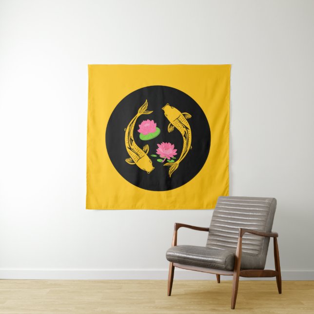 Minimalistic Fish Koi Swirl With Water Lillies Tapestry (In Situ)